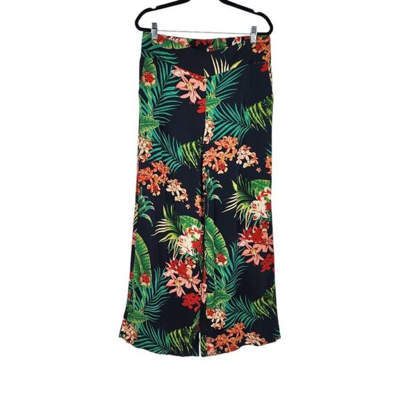 St. Tropez West Womens Tropical Floral Wide-Leg Pants Size 8 Viscose Black/Green - Picture 1 of 4